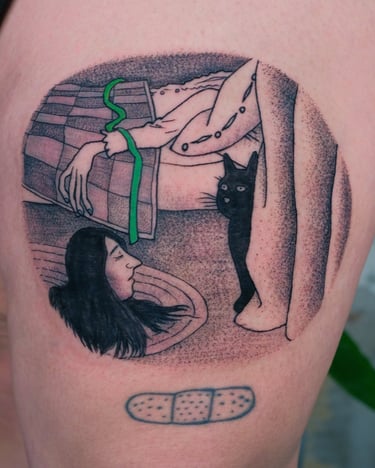 "the green ribbon" dot shaded storybook tattoo