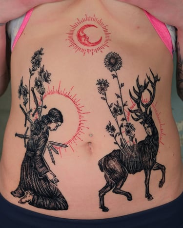 Micah Ulrich engraving style tattoo by Steve Sype