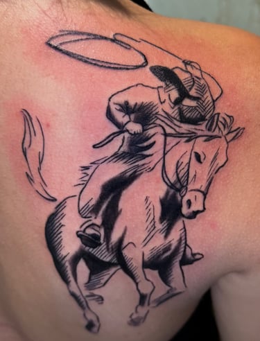 Sketchy cowboy and horse tattoo by Steve Sype