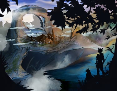 Monastery across canyon with adventurer and dog