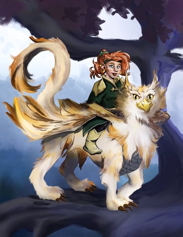 Red haired dwarf girl on a fluffy owl dragon