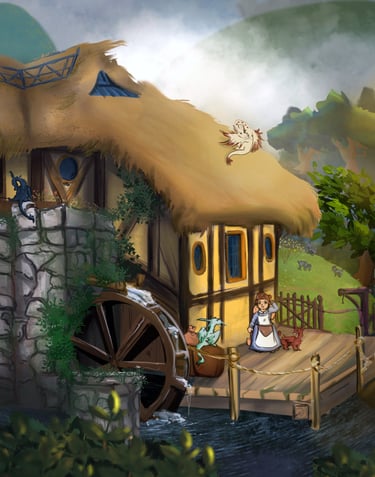 a thatched roof tavern with waterwheel, a dwarf is working outside and is surrounded by cat sized dragons