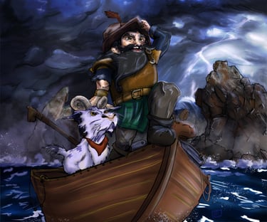 Dwarf and Goat on a Boat during a storm