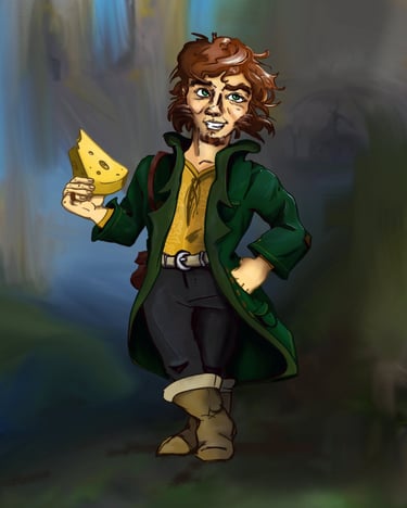 Halfling male rogue with cheese