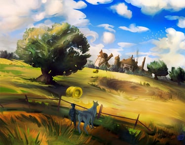 Adventurer and his Steed approach a farming village