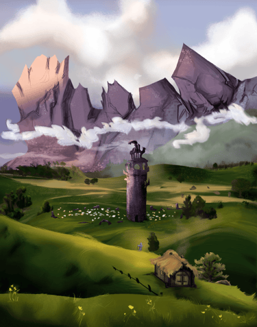 Old Magic Tower in a valley in front of mountains