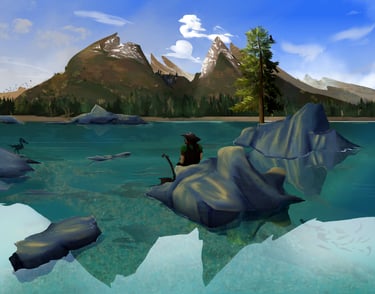 Dwarf Fisherman at mountain lake