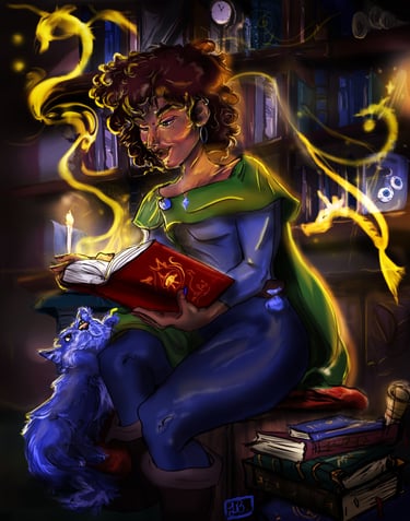 Female Wizard in library with cat researching magic