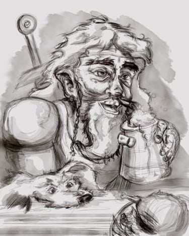 Dwarf Drinking Ale with Dog