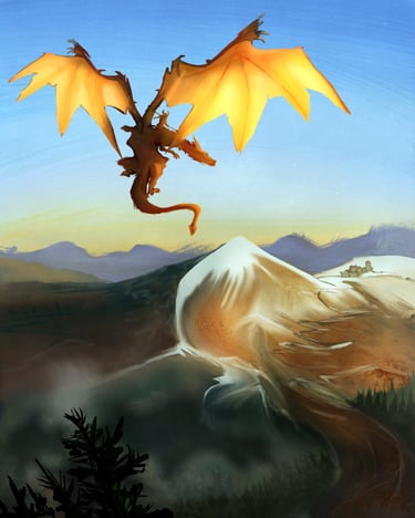 Dragonrider over a mountain town