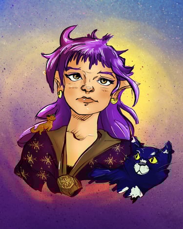 Purple haird elfy witch with cat and a one-eyed newt