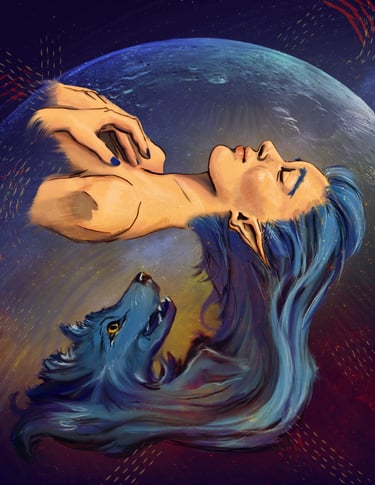 A sleeping elf woman under a moon, a wolf spirit appears from her hair