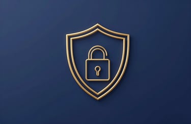 A minimalist, sharp icon of a digital security shield made of gold wireframe on a clean navy background, representing advanced 2026 security tech.