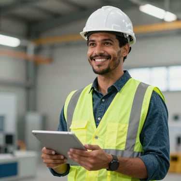 A portrait of a smiling Brazilian male engineer in a white hard hat and safety vest, holding a digital tablet, modern industrial background, bright lighting.