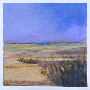 Impressionist gouach painting of a coastal landscape with sand dunes, beach grass, and a purple sky.