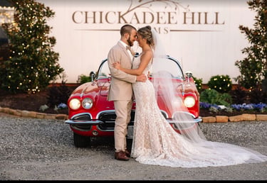 Statesville wedding venue, Chickadee Hill Farms, wedding couple, live wedding artist, antique car