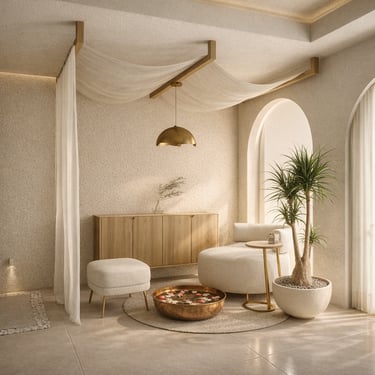 Projeto residencial na Barra da Tijuca com suíte, texturas claras e atmosfera acolhedora