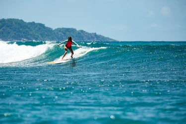 A female surfer in a red swimsuit riding a blue ocean wave on a sunny day.