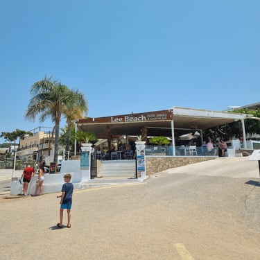 Lee Beach Food, Drinks & Cocktail Bar on a sunny day in Greece with a palm tree and tourists.