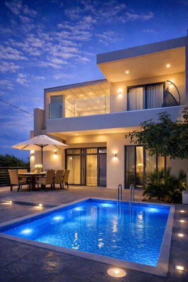 Luxury modern villa with a glowing swimming pool, outdoor patio dining, and balcony at twilight.