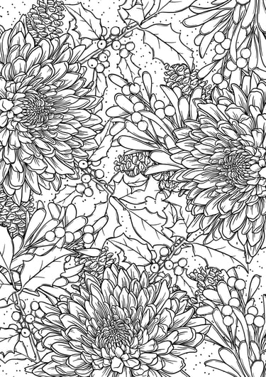 Winter botanical coloring page preview – PDKNY Studio, Flower coloring page preview – PDKNY Studio