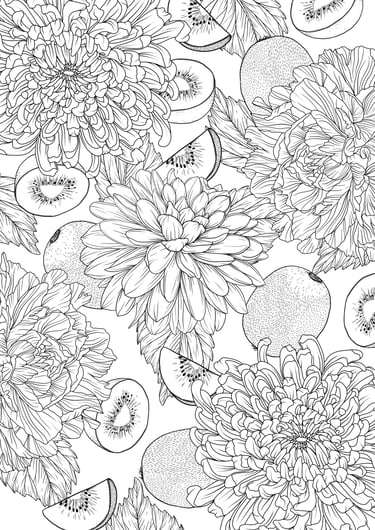 Kiwi coloring page preview – PDKNY Studio, Fruity coloring page preview – PDKNY Studio