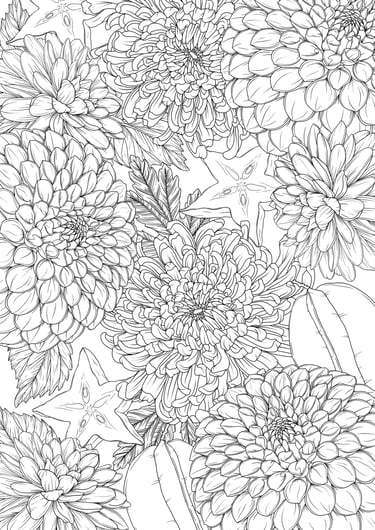 Botanical coloring page preview – PDKNY Studio, Floral coloring page preview – PDKNY Studio