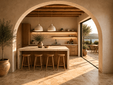 Cuisine avec carrelage grand format, arche méditerranéenne et terrasse.