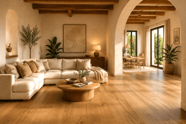 Salon avec parquet en chêne naturel et grandes baies vitrées.