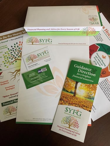 sample of custom stationery, flyers, and brochure