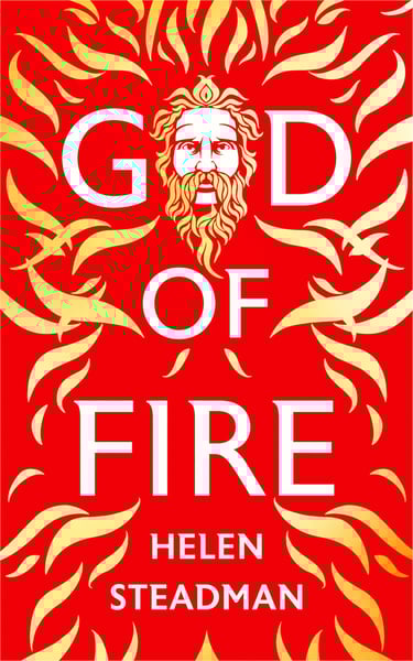 A bearded Greek god emerges from golden flames on a scarlet background.