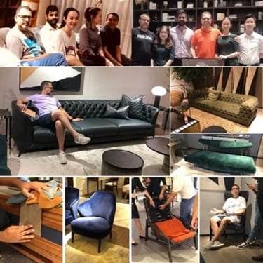 Collage of Inex Solutions team members collaborating with furniture suppliers, inspecting various sofa and chair designs.
