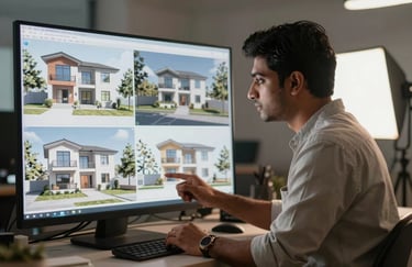 A South Asian interior designer in a professional studio setting reviewing 3D architecture renders with sophisticated lighting.