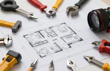 A professional architectural site plan and high-quality construction tools laid out on a white surface, representing meticulous planning.