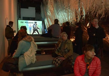 Le public regarde "So Sade" en double projection | Les Camps de l'Amor | David Noir | Photo Karine Lhémon