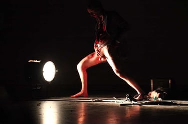 Adrien présente son sexe devant un projecteur | Mobil'Homme | David Noir | Photo Bernard Bousquet