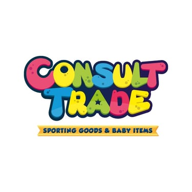 Logo colorido de Consult Trade con letras tipo caricatura y cinta amarilla que dice "Sporting Goods & Baby Items"; diseño ide