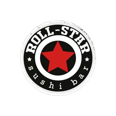 Logo de Roll-Star Sushi Bar con estrella roja, restaurante japonés especializado en sushi, cliente de Peru Impress para impre