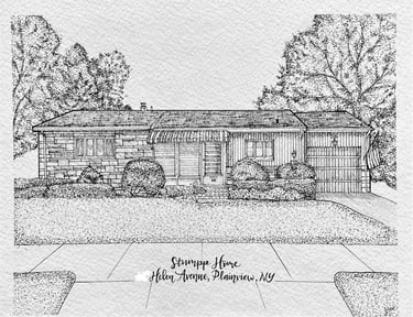 Black and white detailed ink illustration of a 1 story home surrounded by trees.