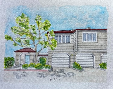 Watercolor illustration of a tan home with a red roof and a green tree in the front of the house.