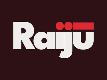 Raiju logo in white and poppy red on dark red background
