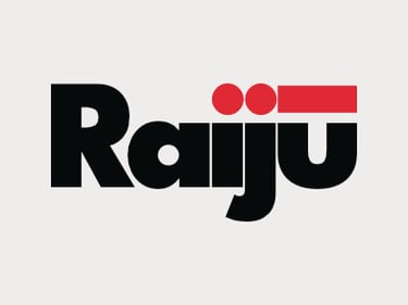 Raiju logo in black and poppy red on soft grey background
