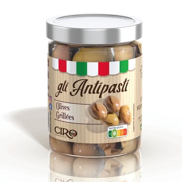 3D du packaging olives grillées pour la marque de produit Italien Ciro, réalisé par photographiste freelance dans le 06