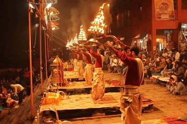Ceremonial prayers on the bank of Ganges River at Varanasi