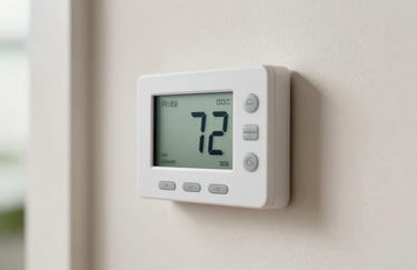 Close-up of a modern digital thermostat display on a soft off-white wall in a North American / US home showing 72 degrees, soft natural light.