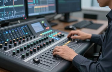 A sleek video switcher panel and sound mixer being operated by a technician wearing professional attire. High-tech vibe, featuring dark grey and blue tones (#2D5D7C).