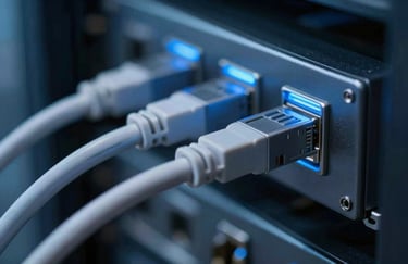 A close-up of a high-speed fiber optic cable connection in a server, glowing with soft blue light, professional photography style, featuring #8BA8B6 highlights.