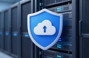 A 3D render of a secure data shield icon over a server rack, highlighting cloud storage safety, using #8BA8B6 and #0A1D2B tones.