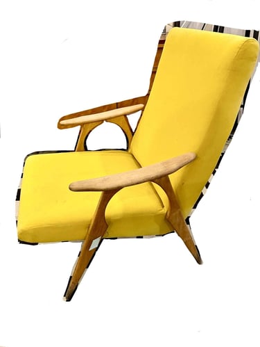 fauteuil scandinave, jaune, tapisserie d'ameublment, vintage