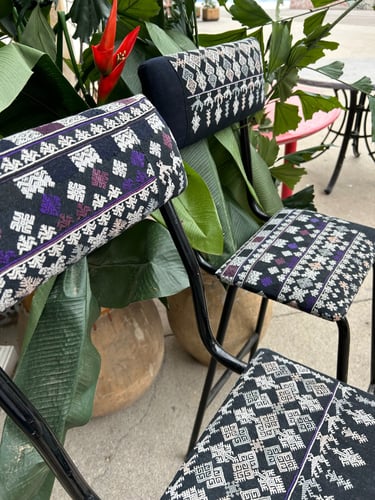 Rénovation de tabourets hauts scandinaves des années 60-70 avec une teinture vietnamienne brodée.